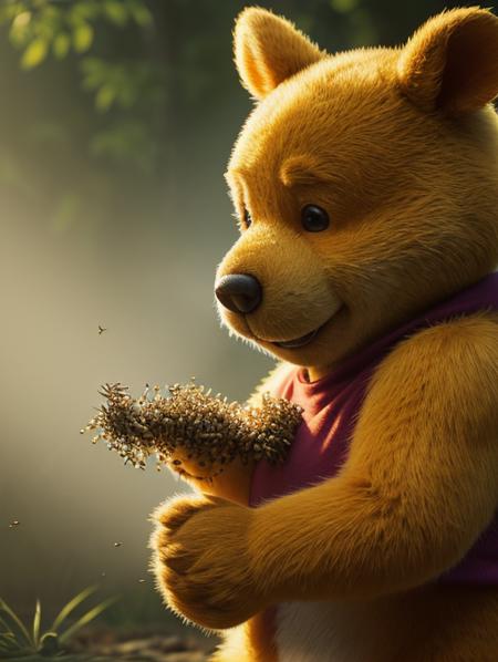 Watercolor painting HDR photo of Hyperrealistic art masterpiece of Winnie The Pooh playng with bees, in a forest clearing, early evening, The Pooh has highly textured fur <lora:xl_more_art-full_v1:0.25> . Extremely high-resolution details, photographic, realism pushed to extreme, fine texture, incredibly lifelike. High dynamic range, vivid, rich details, clear shadows and highlights, realistic, intense, enhanced contrast, highly detailed, 3D render, ((hyper realism)), sharp focus, cinematic lighting, photo realistic, hyper realistic. 4k, natural, global illumination, caustics, ratytracing, Unreal Engine, highly detailed, trending on Artstation . Vibrant, beautiful, painterly, detailed, textural, artistic