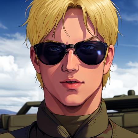 photorealistic, cinematic, <lora:zeon soldier aam:0.8>, zeon soldier, man, blonde hair, sunglasses