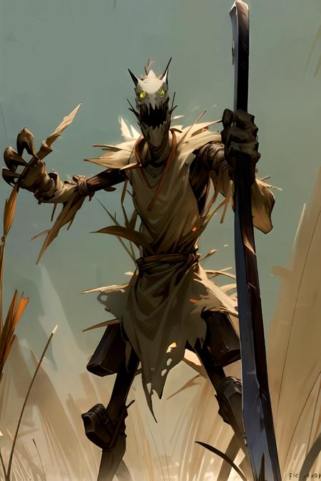 fiddlesticks holding a ((scythe)) weapon, scarecrow,  <lora:fiddlesticks-10:0.7>1boy,male focus, detailed face,  cowboy shot ,monster ,teeth ,glowing eyes ,claws, no humans ,((farm bg,tall yellow grass)), <lora:add_detail:0.2>,  <lora:GoodHands-vanilla:1>