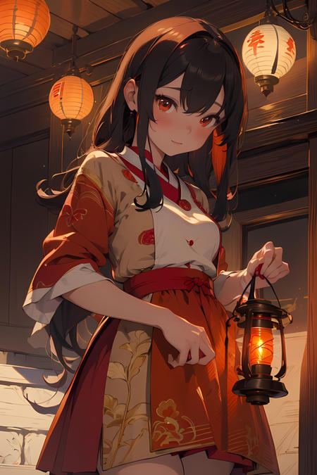 (masterpiece, top quality, best quality, official art, beautiful and aesthetic, looking down) 1girl take an red traditional lantern, the anime game'shinjuku shunfu' vntv video on demand, in the style of pattern-based painting, colorful fantasy realism, magali villeneuve, traditional poses, festive atmosphere, dark crimson and dark beige, trompe-l'œil illusionistic detail, (main color is red and orange)