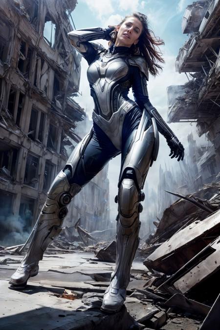 <lora:NeoFuturisticTech:0.6>((beautiful woman)) wearing a neotech armor, sleek, explosive pose, expressionism, movie still, hyper detailed, intricate design, insanely detailed, fine details, scifi, in a destroyed city, frontal illumination, <lora:add_detail:0.6>
