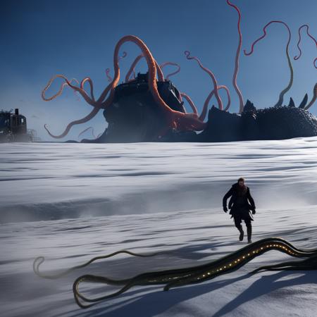 wide-shot (KristoferHivju:1) fighting the monster, Distant backdrop (TentacleBeast:1.5) (MicroFusion:1.1) energy