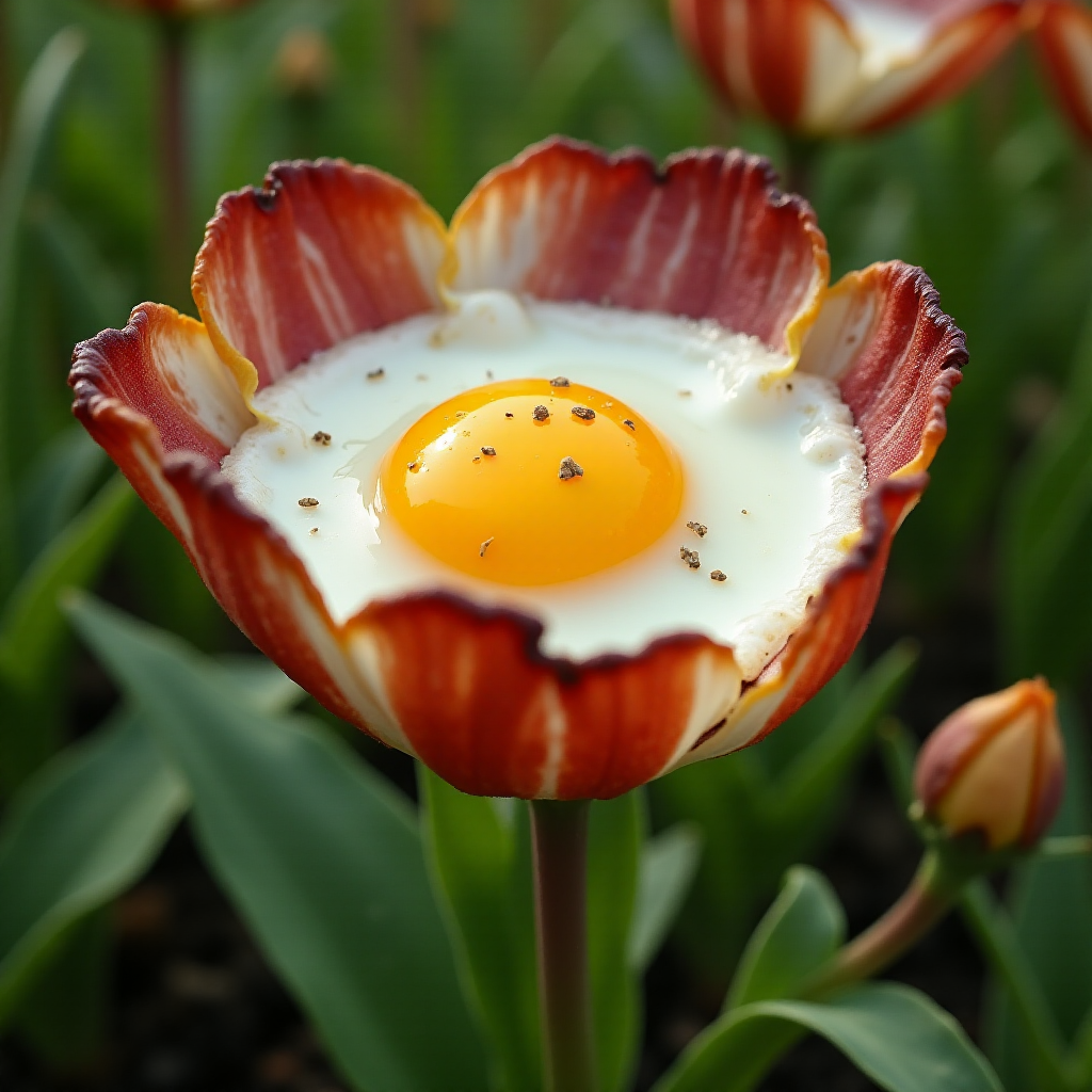 A flower with its petals made of crispy bacon cradling a fried egg in its center where the stamen and pistil would typically be found. The egg is cooked sunny-side up, with the yolk intact and centered. In the background, a garden of similar flowers with green leaves can be seen. 