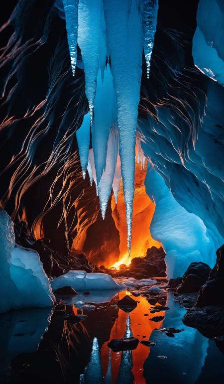 Hot thick lava flowing into a crystal blue ice cave in iceland, heat and steam fill the thick air, a mixture of fire and ice with cracks and liquid lava, (sharp focus:1.2), extremely detailed, (photorealistic:1.4), (RAW image, 8k high resolution:1.2), RAW candid cinema, 16mm, color graded Portra 400 film, ultra realistic, subsurface scattering, ray tracing, (volumetric lighting), extreme contrast, intricate details, reflections on ice, reflections on water, water pouring down