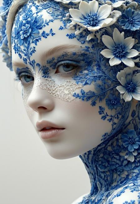 Midjourney, MJ, Midjourney style, realism, cinematic quality, play of light, gradient, glow, porcelain skin, Dutch tilt, white porcelain girl with blue flowers, stunning art, abstract, floral, lace, mostly white, dynamic pose, centered, key visual, intricate, highly detailed, breathtaking beauty, precise line drawing, vivid, all-encompassing, cinematic, still, digital art, perfect composition, soft natural volumetric cinematic perfect light, chiaroscuro, Midjourney, MJ, Midjourney style, realism, cinematic quality, play of light, gradient, glow, porcelain skin, Dutch tilt, white porcelain girl with blue flowers, stunning art, abstract, floral, lace, mostly white, dynamic pose, centered, key visual, intricate, highly detailed, breathtaking beauty, precise line drawing, vivid, all-encompassing, cinematic, still, digital art, perfect composition, soft natural volumetric cinematic perfect light, chiaroscuro, sharp focus, extremely fine detail, very coherent, epic, singular, great grand spectacular, beautiful surreal background, ambient dramatic magical atmosphere, artistic, whole color, pure, mystical, iconic, incredible, exquisite, complex, enhanced