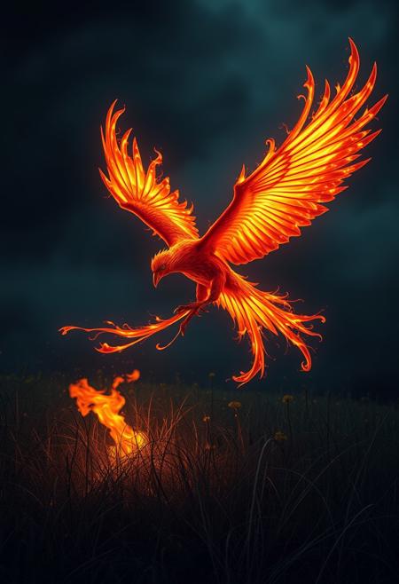 a hellish phoenix flying over a meadow at night, its wings are covered with fire, the fire from its wings flows onto the meadow and sets it on fire, fantasy, real image
