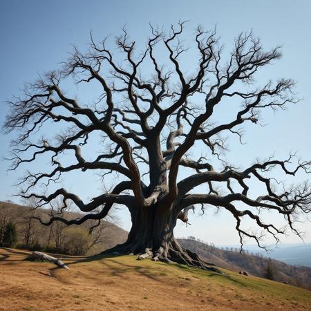 a massive dead oak tree in the middle of a hill, unique shape, asymmetrical