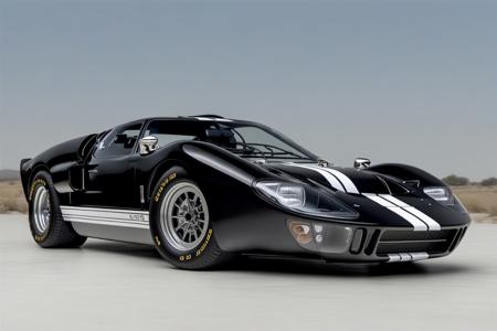 (black GT40_MKII), white rally stripes,  ghost flame paint, from side, dark tinted windows, parked on a white reflective surface,
masterpiece, rule of thirds, absurdres, volumetric lighting, subsurface scattering, high detail, nature background, motion blur, full sharp, photography, trending on artstation, sharp focus, studio photo, intricate details, highly detailed, by greg rutkowski, car magazine cover, award winning photography, ford tough, RIP Carroll Shelby,
shot on a Sony A7III, 8k uhd, bokeh, dutch angle, dramatic angle, intentional camera movement, camera tricks,
<lora:GT40MKII_SDXL_v01:1>