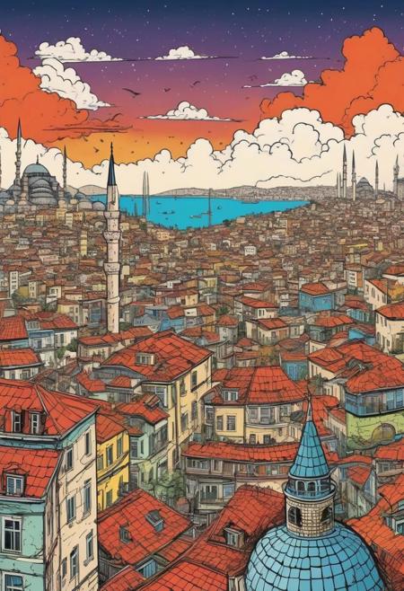 Chaotic stunning istanbul city, skyline, illustrated by herg, style of tin tin comics, pen and ink. vintage 90's anime style, colorful clouds, symmetric
