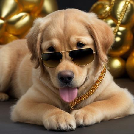 A golden retriever with gold chains and aviator sunglasses, in a boxing pose