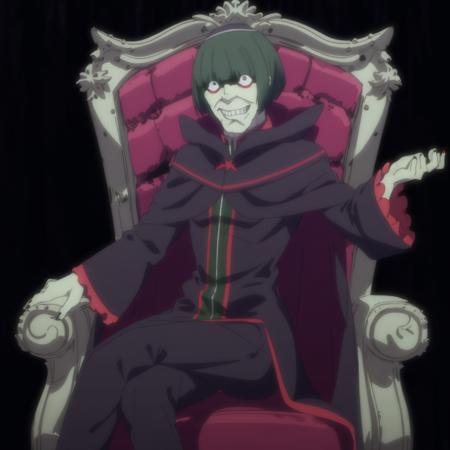 best quality, highres, ultra-detailed, <lora:Petelgeuse:0.7>, Petelgeuse, dark robe, 1boy, bangs, green hair, short hair, teeth, solo, wide-eyed,  dark pants, cape, sitting in royal chair,smile, happy, dark background