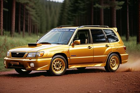 GOLDEN SUBARU RALLY FORESTERSF5, high quality photograph, bokeh, analog, depth of field, portra 800 film,  (((NFS))), (((Need For Speed))),  <lora:FORESTERSF5:0.6>