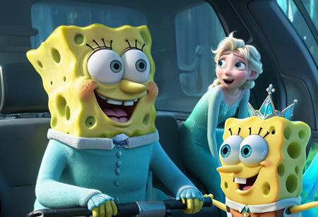 SpongeBob SquarePants is riding a scooter with Princess Elsa sitting on the back seat. Elsa is tightly hugging SpongeBob,her face pressed against his back. SpongeBob has a tired and apathetic expression,with a cigarette dangling from his mouth. The camera angle captures a side view of the scene,focusing on the characters and their expressions.,