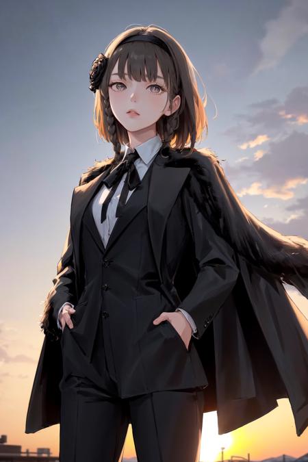 masterpiece, best quality, highres, 1girl short hair hairband hair flower braid, black jacket black fur trim black coat suit long sleeves shirt collared shirt neck ribbon black pants suit <lora:oscar:1> outdoors, hands in pockets, looking at viewer, sunset, backlighting