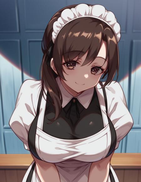 diana, long hair, brown hair, brown eyes, large breasts, bow, apron, maid, maid headdress,