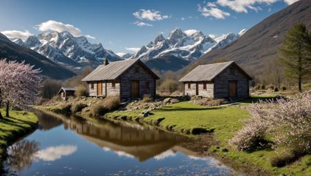 ((masterpiece:1.4,best quality)), cloud, outdoors, 
(mountains), spring glade, scenery, sky, winter, village, tree, pond, fishing hut
 high detail, abundant, 8k, high detail, wallpaper,