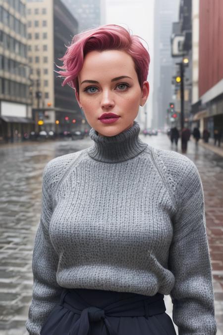 photo of carlagugino-3585:0.99, a woman with pink hair, ((short hair, pixie cut)), ((pale skin)), ((cowboy shot, waist, hips, thighs):1.1), ((turtleneck sweater, heavy coat):1.2), ((cloudy, overcast, raining, outdoors, city street):1.2),((detailed face, beautiful face, detailed eyes, beautiful eyes):1.3), ((lipstick, eyeliner, eye shadow):1.2),((best quality, masterpiece, extreme details):1.2) ((detailed eyes, detailed face):1.2), ((fully clothed))