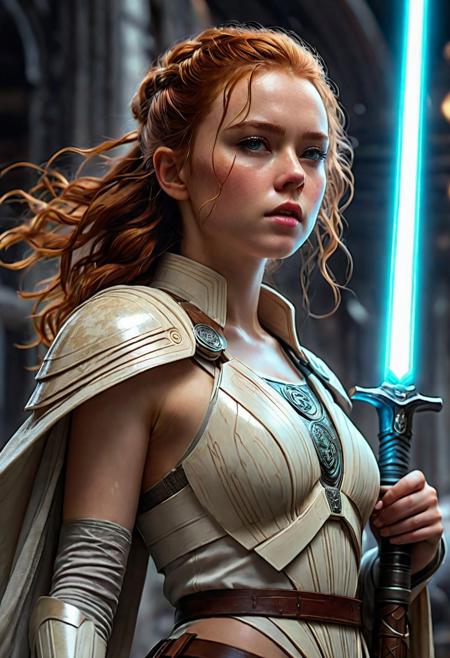 High resolution ultra-realistic of Beautiful Sadie Sink as Jedi Knightess, 8k, capturing the intensity of the moment, cinematic lighting, standing on a bloody and stormy battlefield in bloody battle, wavy red hair, realistic dirty pale face, realistic brown eyes, beautiful hourglass figure, burning in a Star Wars Town, intricately designed dirty white Jedi robes, Star Wars Aesthetic, perfect athletic figure, beautiful Jedi Knightess, ultra realistic, cinematic style, vigorous and seductive, athletic figure, Star Wars style, dramatic lighting, wet and sweaty skin, dirty skin, athletic figure, dark fantasy, dramatic lighting, Greg Rutkowski style, Jedi Knightess on in Jedi dress, hyper-detailed, hyper-realistic, bright colours, Attractive 21 old years girl, Attractive, beautiful firm Breasts, sharp focus, digital painting, Photograph Taken on Nikon D750, Alphonse Mucha, 8K, athletic figure, Hyperdetailed, hyperrealism, Attractive, Attractive bust girl, asymmetric balance