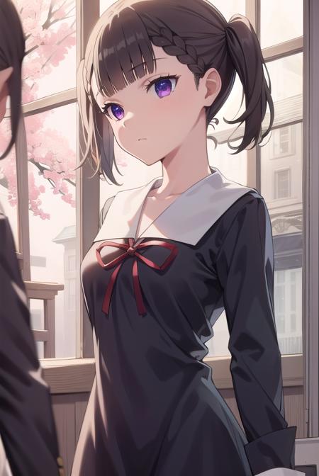 makishijou, <lora:makishijouv2-lora-nochekaiser:1>,
maki shijou, bangs, blunt bangs, (purple eyes:1.1), twintails, two side up, braid, short twintails,
BREAK long sleeves, dress, ribbon, school uniform, black dress, red ribbon, neck ribbon, collared dress, shuuchiin academy school uniform,
BREAK outdoors,
BREAK looking at viewer, (cowboy shot:1.5),
BREAK <lyco:GoodHands-beta2:1>, (masterpiece:1.2), best quality, high resolution, unity 8k wallpaper, (illustration:0.8), (beautiful detailed eyes:1.6), extremely detailed face, perfect lighting, extremely detailed CG, (perfect hands, perfect anatomy),