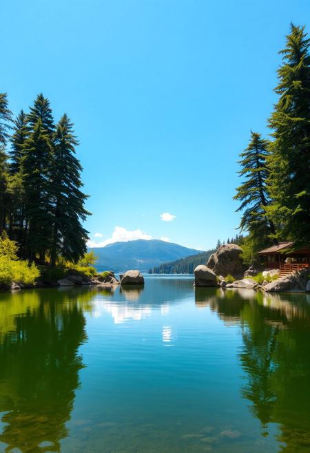 A picturesque landscape is showcased in this image, with a calm lake at its center. The water is still enough to act as a mirror for the clear sky above, which features a few white clouds. Tall trees with dense foliage line one side of the lake, while large rocks and boulders are visible on the other. In the distance, mountains rise against the horizon, adding depth to the scene. The colors predominantly consist of various shades of green and blue, creating a serene and natural atmosphere.