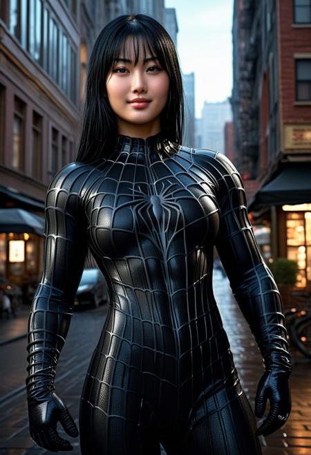 score_9, score_8_up, score_7_up, best quality, realistic, masterpiece, beautiful detail, hyperrealistic, cafe, ((1girl, woman body, huge breasts)), amazing detailed full body portrait of a beautiful japanese girl, wearing a realistic and highly detailed black raimi spider-man suit, ((huge muscular girl)), professional model wears ultra - detailed and grained black raimi spider - man suit, suit covered entire body and hand, black spiderman gloves, wet, (full body), (seductive pose), sweet smile, black hair, octane render, highly detailed, volumetric, dramatic lighting, (highest quality:1.1), (HDR:1.3), (top quality, best quality), realistic, high definition, Expressionism - sharp focus, professional photography, masterpiece, ultra detailed photograph, high quality, 8k,