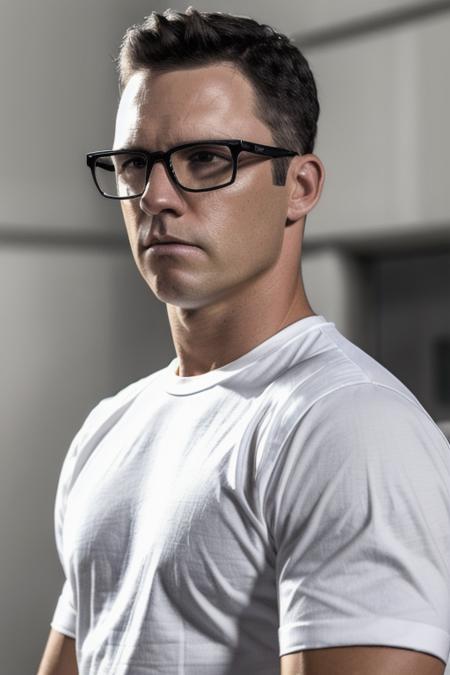 a man <lora:jeffreyDonovan:1> ready for action, bullet proof vest over a white tee shirt, undercover fbi agent, glasses, upper body, close up, RAW, 8K, UHD, highly detailed face