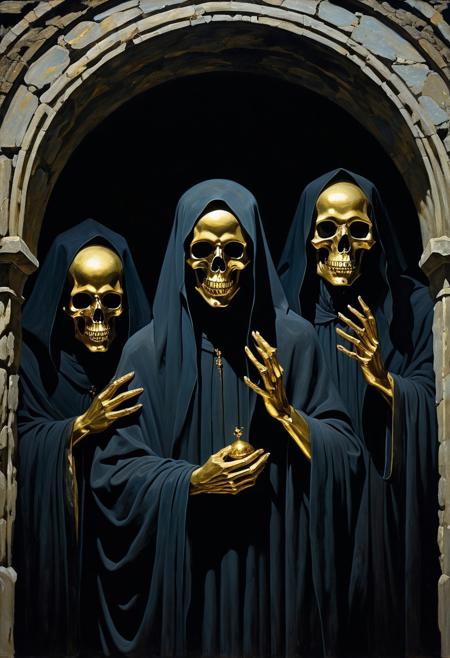 Expressionism - 1955, Hyperdetailed serene Painting of three dark evil shadowy figures with a pale, icy light gleaming from what would be their eyes. They carry rattling gold-rings on their bony fingers. floating in the air in A crypt in stone.