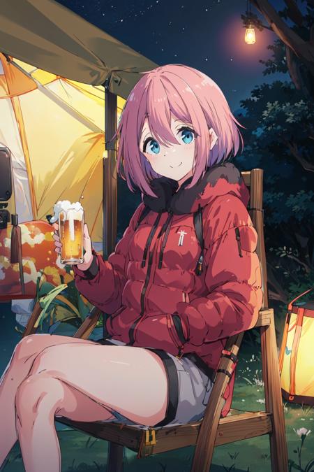 (masterpiece:1.4), (best qualit:1.4), (high resolution:1.4), kagamihara nadeshiko, sitting in camping chair, looking at viewer, smile, outdoors, nature, tent, night, lamp, beer  <lora:yurucamp_movie_kagamiharaNadeshiko_v1:1>