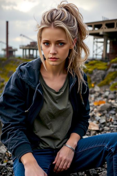 The image is a high-resolution photograph of a young woman with a fair complexion and shoulder-length, blonde hair styled in loose waves. She has striking blue eyes and a neutral expression, gazing directly at the camera. She is sitting on a rocky ledge, with the ocean visible in the background, creating a dramatic and moody atmosphere. The woman is wearing a grey hoodie with a white T-shirt underneath, which is slightly transparent, revealing the outline of her breasts. She is also wearing blue jeans, which are fitted and accentuate her slender figure. Her hoodie is unzipped, showing a teal-colored zipper pull. The texture of her hoodie appears soft and casual, suggesting a relaxed, everyday style. The background features rugged cliffs and a vast expanse of the ocean, with the sky above overcast, casting a soft, diffused light that enhances the natural tones of the landscape. The overall mood of the image is contemplative and slightly introspective, with the woman's pose and expression adding to the somber, reflective ambiance.