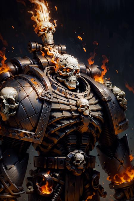 Photo of damned, full armor, wearing intricate ornamented metallic armor, skull face, skeleton,
epic, burned metal, skull trimmings, charred black armor, flaming eyes, tall stature, burning, on fire, ghostly appearance, 
upper body focus, close-up,
<lora:tool - add_detail:1> <lora:Legion of the Damned MK1 by CARAXES:0.78>