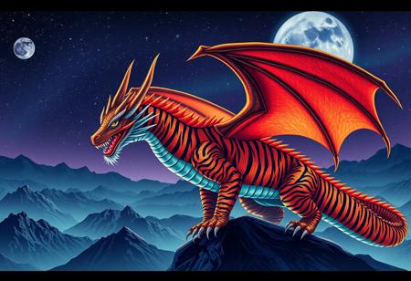 A tiger-striped dragon with sharp scales.  Two hons.  Dragon Wings.
Background mountains at night. Cosmic skyscape.  Synthwave colorscheme.