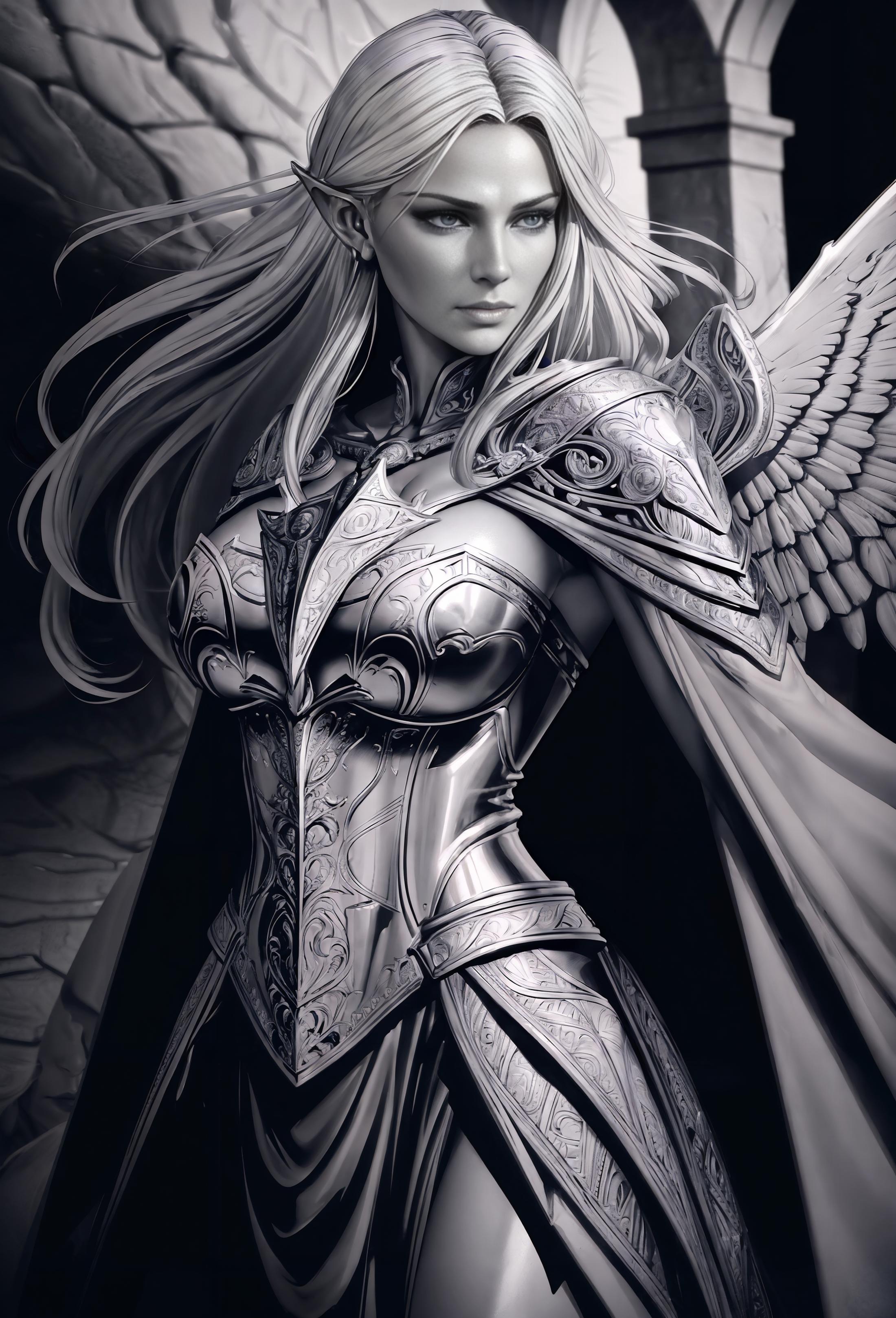 A fantasy artwork of a woman with angel wings and a silver armor.