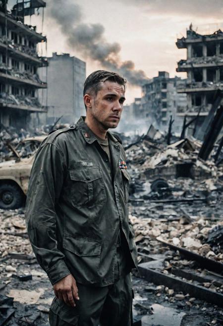 Photo of a man who is standing looking at how his city has been destroyed by a nuclear bomb. He has just arrived at the disaster and observes the horror of the destruction, ruined buildings full of smoke and flames, ground full of rubble with skeletons lying around In the dawn light floods the scene, the man is completely dressed in normal clothes and wet, he is dirty, everything is a disaster, the sky is cloudy and it is raining, , Fujifilm XT3,film still,film grain,cinematic,soldier accessories,war style, professional photo,best quality and best aesthetic,Award-winning artistic photos,Outdoors,public places,defeated posture, ( detailed in background:1.6)Serious,Curi