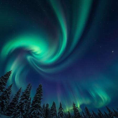 Ultra-realistic, breathtaking night sky, swirling northern lights, shades of green, purple, and blue.  glowing aurora borealis, sharply detailed, mesmerizing night sky, photography, flattering lighting, professional, engaging, compelling composition, winter, snow, Coniferous trees,