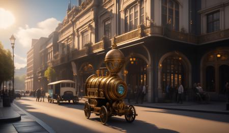<lora:JJsSteamPunk_SpaceStyle:.7>, ((masterpiece)) , ((best quality)), ((SteamPunk)),RAW photo, subject, 8k uhd, dslr, soft lighting, high quality, film grain, Fujifilm XT3 outdoors, sky, day, cloud, tree, blue sky, ground vehicle, building, scenery, road, real world location, truck, flag, , lots of trees, sunlight, public blocks,daytime,lively city streets, enough detail, high resolution,super realistic, Photorealistic, highly detailed,