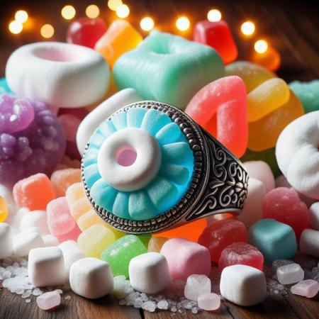 regal silver ring with vibrant candy gemstone, soft glow, surrounded by white fluffy marshmallows, wooden table, cinematic lighting, colorful