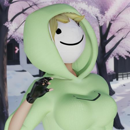 DreamCA, 1girl, solo, breasts, smile, blonde hair, gloves, black gloves, hood, fingerless gloves, v, hoodie, mask, cherry blossoms, upper body