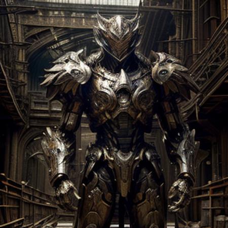 (masterpiece, best quality:1.3),extremely high detailed, intricate, 8k, HDR, wallpaper, cinematic lighting ,(universe), glowing, armor, glowing eyes, mecha, large wings,<lora:Niji:1> , ((ruins))