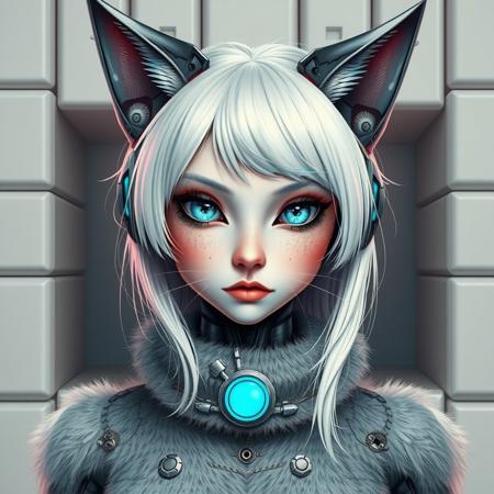 Playboy poster with text header inscription:"Home kitty to love". Futurism cat-woman furry art. she has robot implant and cat ears. Human girl. Art make up and and deep blue eyes. 25 years old, white hair, perfect face. On background cubics. Art style