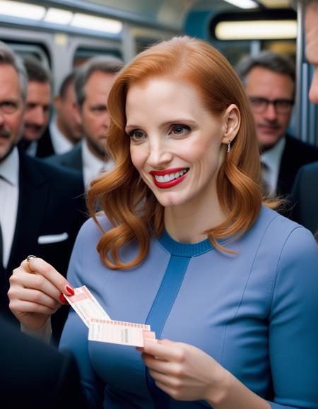 <lora:JessicaChastain:1> 2000 photo of  33 year old  JessicaChastain, in sweden, punching the tickets in the train , soft lighting, tack sharp, 4k, dslr