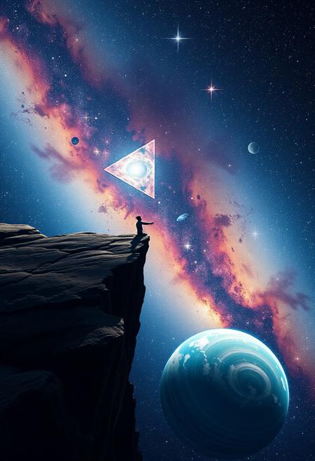 One man sitting on the edge of a cliff in space, legs hanging over the edge, gazing down at his palms, one planet below,  stars and galaxies fill the background with vibrant colors,