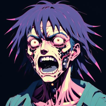 1980s anime portrait of a character glitching. His face is separated from his body by heavy static. His face is deformed by pain. Dream-like, analog horror, glitch, terrifying