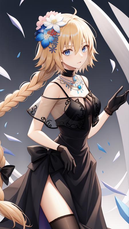 jeanne_d'arc_\(fate\),blonde_hair,hair_flower,black_dress,black_gloves,blue_eyes,thighhighs,hair_ornament,gloves,black_thighhighs,braid,very_long_hair,sleeveless_dress,sleeveless,looking_at_viewer,choker,single braid,collarbone,black_bow,hair_between_eyes,hair_bow,necklace,jewelry,ribbon,white_flower,blue_flower,closed_mouth,bangs,black capelet,