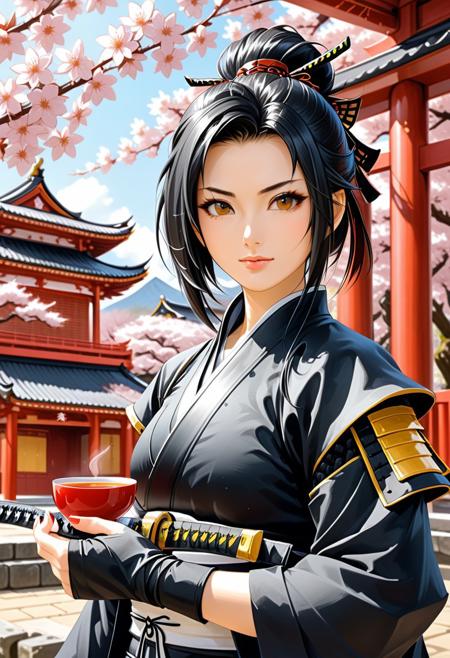 Sinoink, closeup female samurai, katana , temple, tea, sakura, cherry