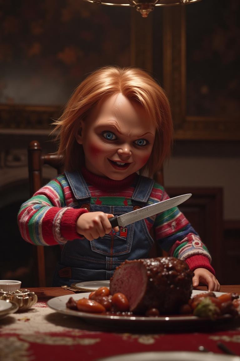 UHD, 3D, a scene of a Chucky doll looking evel holiding a large knife in front of a pot roast on the dining room table