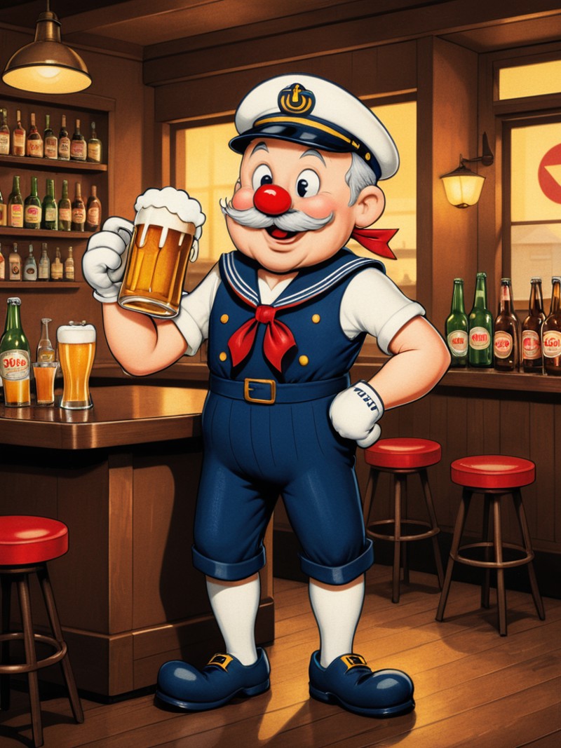 (old cartoon style illustration:1.1)  of 
 (Drunken Sailor:1.4), sailor cap, in a bar, holding a beer, red nose, (eyes hal...