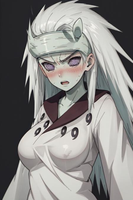 Madara, 1girl, masterpiece, best quality, pale skin, long hair, gray hair, white tunic, black collar, black gloves, headband, black balls, purple eyes, <lora:Madara_Six_Paths:1>, upper body, large breasts, angry, sweating, scared, open mouth, teeth, blushing, simple background, looking at viewer