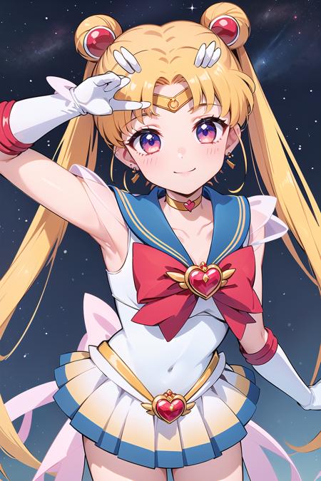 supersailormoon supersailormoon, double bun, twintails, circlet, jewelry, earrings, choker, red bow, white gloves, elbow gloves, miniskirt