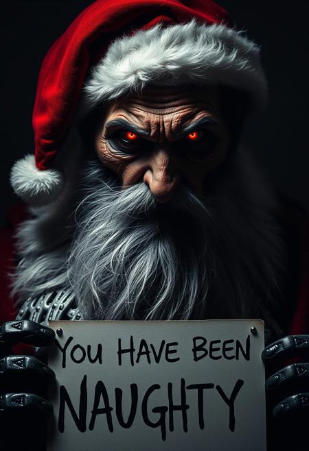 A old cyborg dressed as santa in a dramatic, chiaroscuro-style portrait, his expression is grim, evil and mysterious, his amber glowing eyes seeming to hold untold secrets. Deep shadows obscure his face. His crimson santa hat fur trim is faintly visible against the darkness.
Holding a sign just below his beard., bold text reads: "You Have Been Naughty".