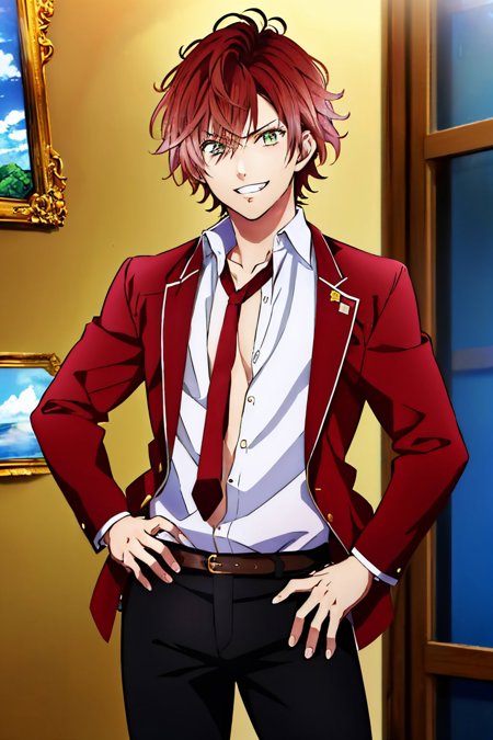 sakamaki ayato red hair open clothes jacket shirt necktie black pants